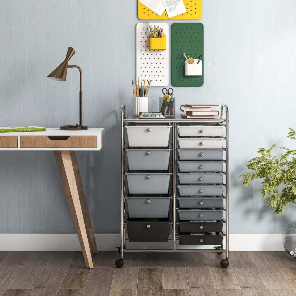 15-Drawer Utility Rolling Organizer Cart Multi-Use Storage-Black & Gray - Gradient Gray - File Cabinets