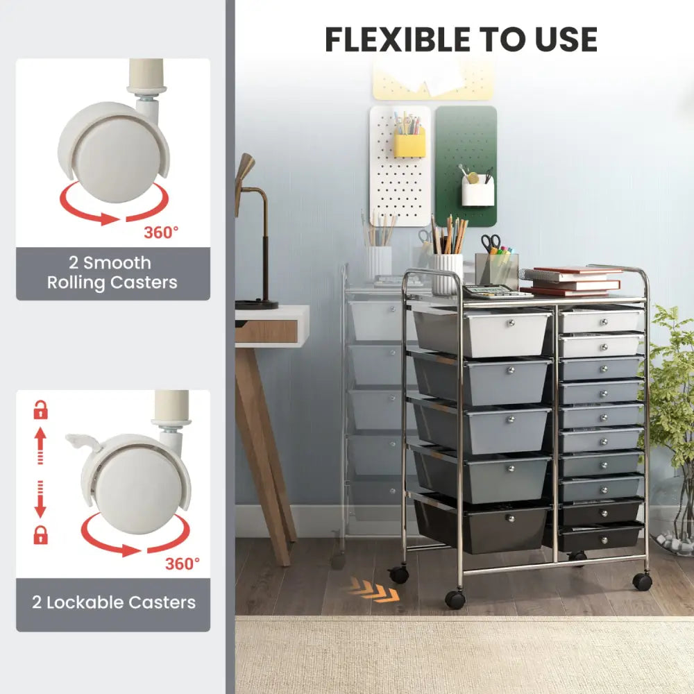 15-Drawer Utility Rolling Organizer Cart Multi-Use Storage-Black & Gray - Gradient Gray - File Cabinets