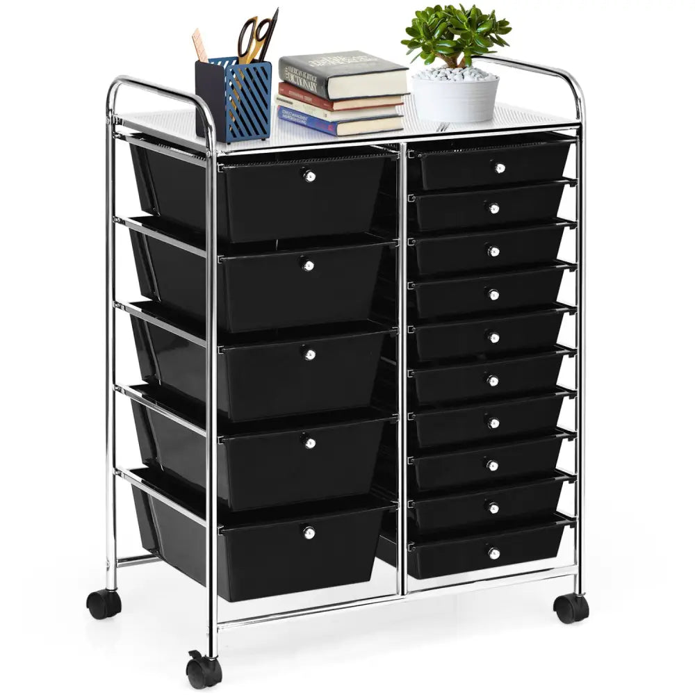 15-Drawer Utility Rolling Organizer Cart Multi-Use Storage-Black - Black - File Cabinets