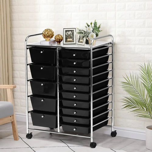 15-Drawer Utility Rolling Organizer Cart Multi-Use Storage-Black - Black - File Cabinets