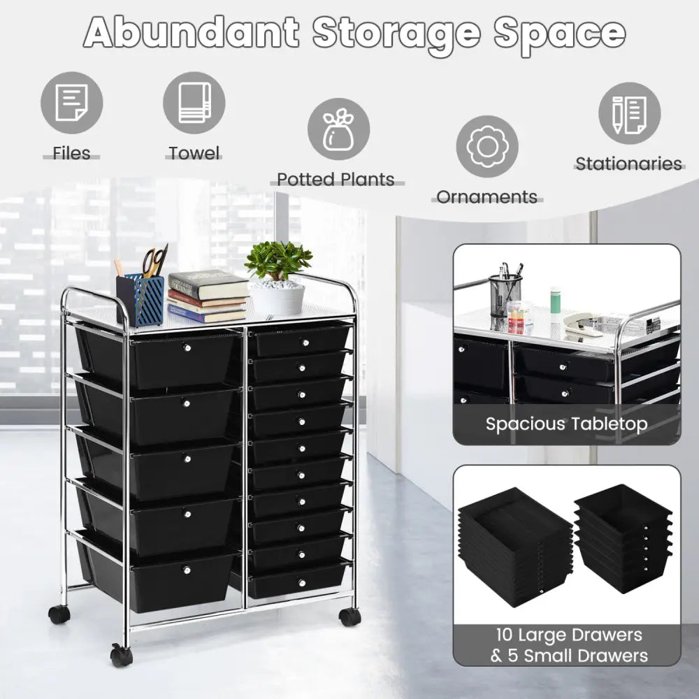 15-Drawer Utility Rolling Organizer Cart Multi-Use Storage-Black - Black - File Cabinets
