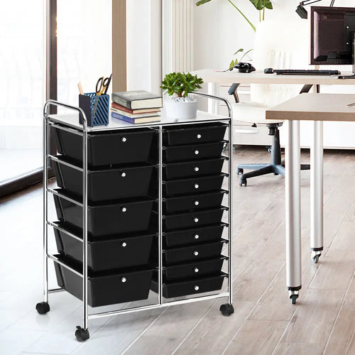 15-Drawer Utility Rolling Organizer Cart Multi-Use Storage-Black - Black - File Cabinets