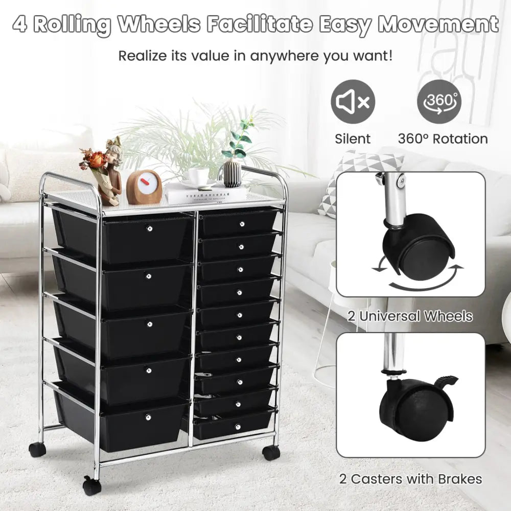 15-Drawer Utility Rolling Organizer Cart Multi-Use Storage-Black - Black - File Cabinets
