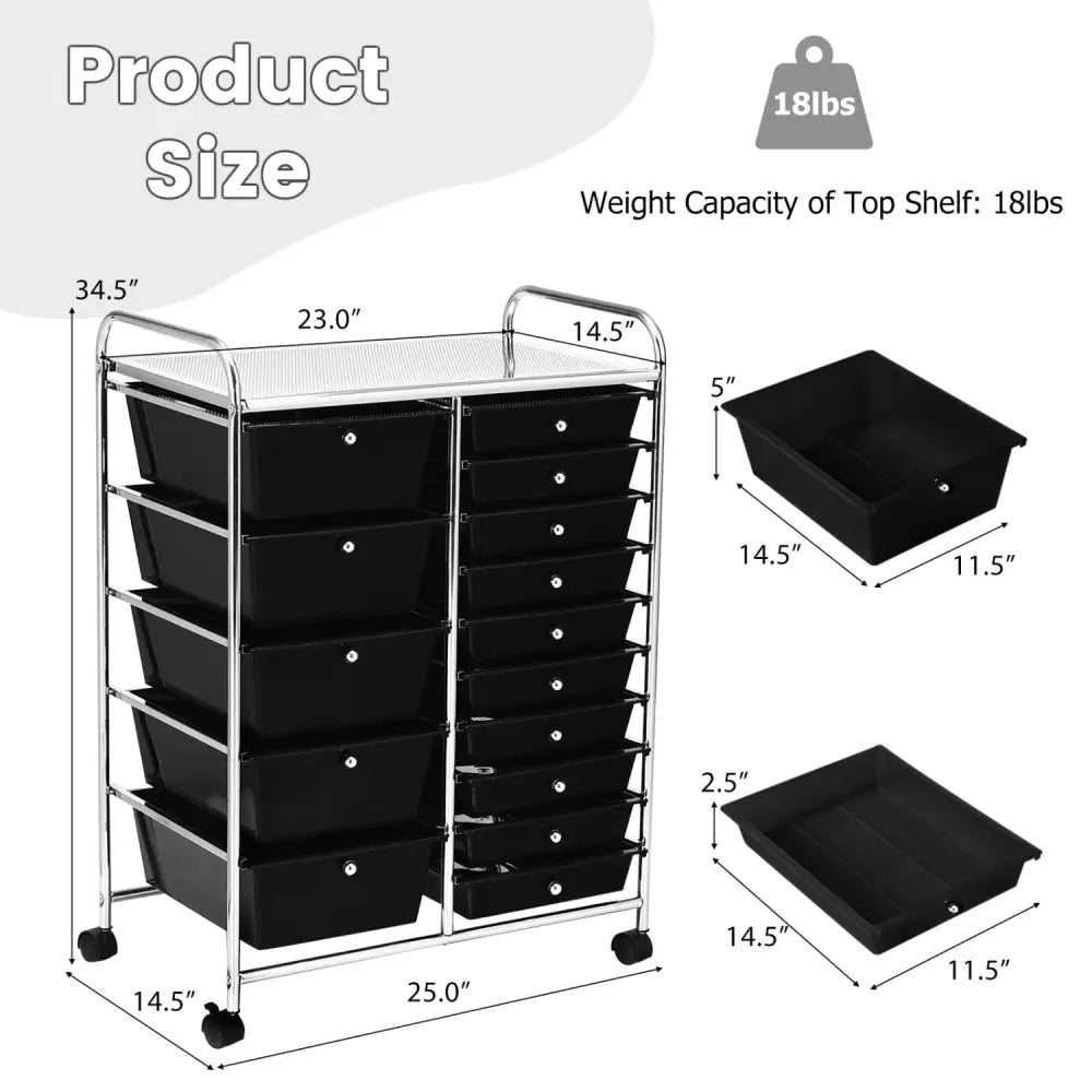 15-Drawer Utility Rolling Organizer Cart Multi-Use Storage-Black - Black - File Cabinets