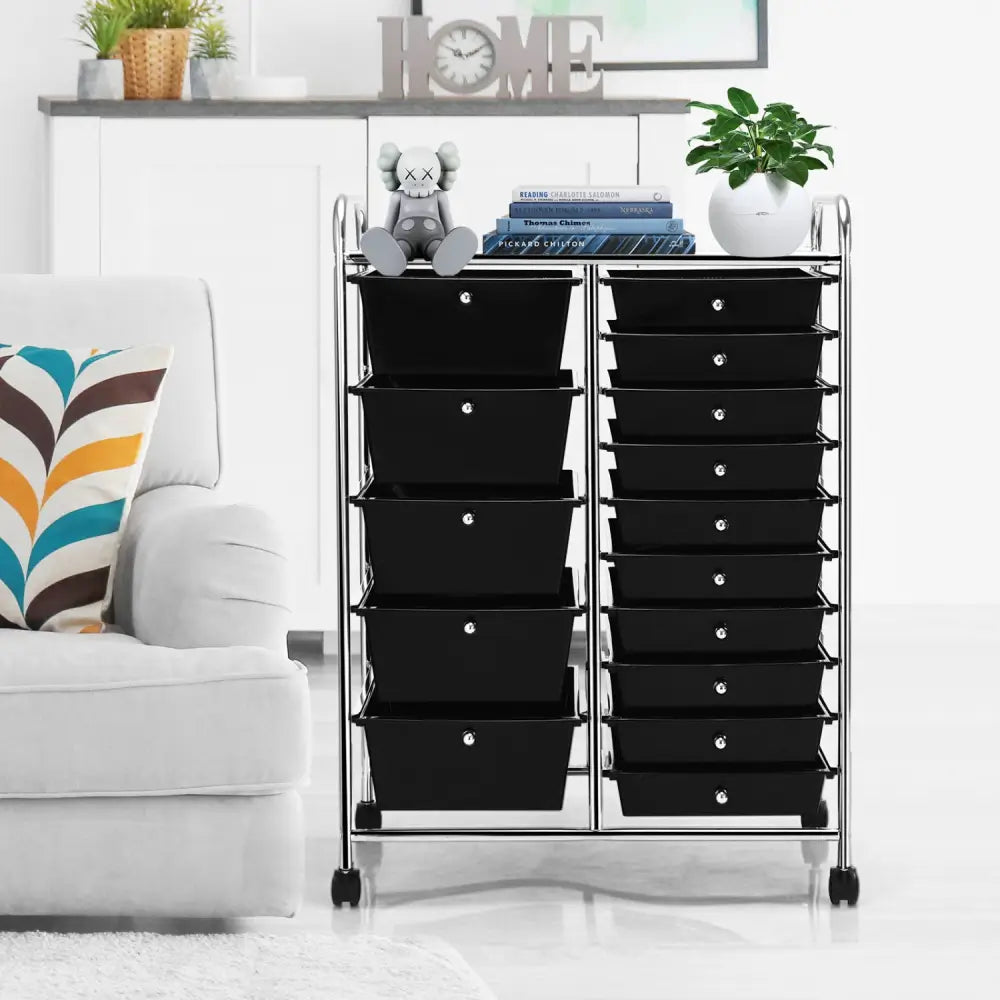 15-Drawer Utility Rolling Organizer Cart Multi-Use Storage-Black - Black - File Cabinets