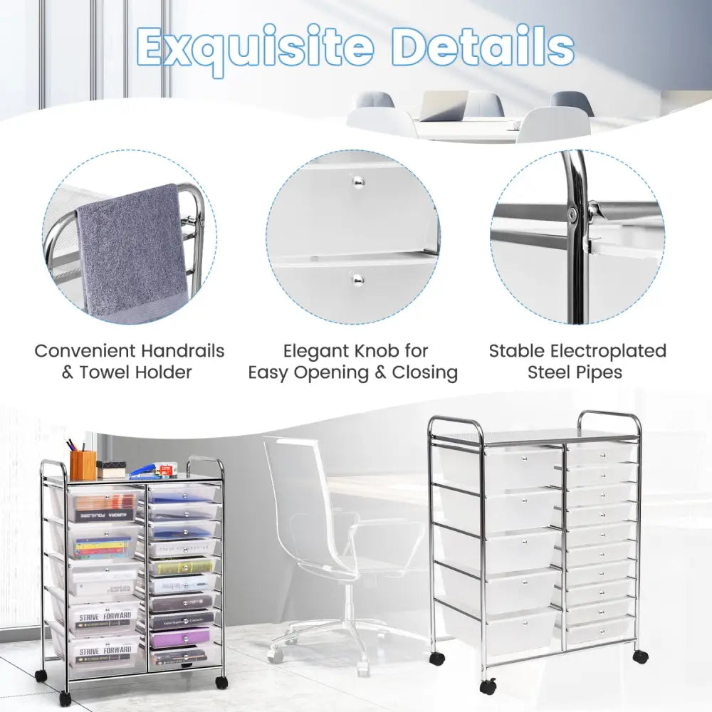 15-Drawer Utility Rolling Organizer Cart Multi-Use Storage-Clear - Transparent - File Cabinets