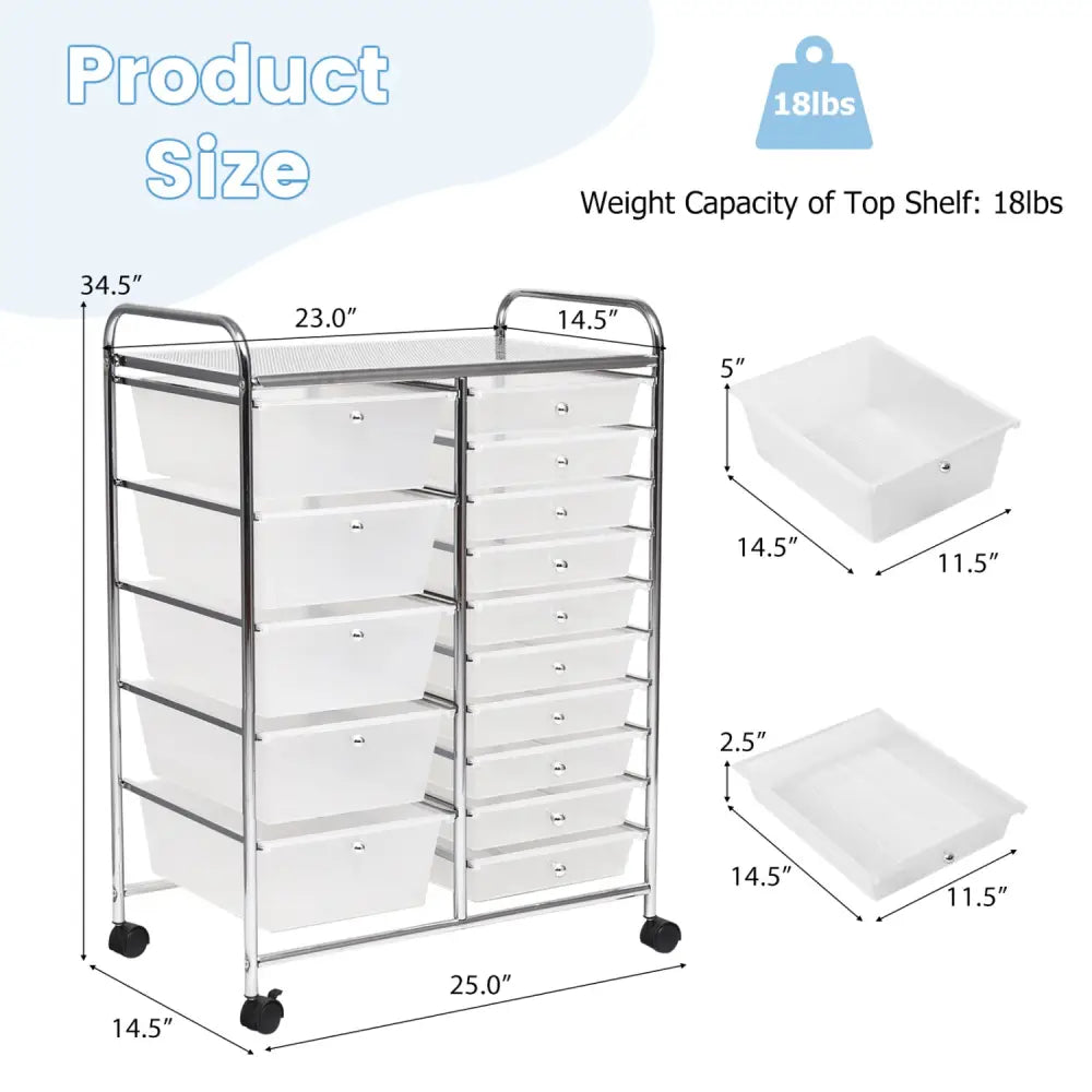 15-Drawer Utility Rolling Organizer Cart Multi-Use Storage-Clear - Transparent - File Cabinets