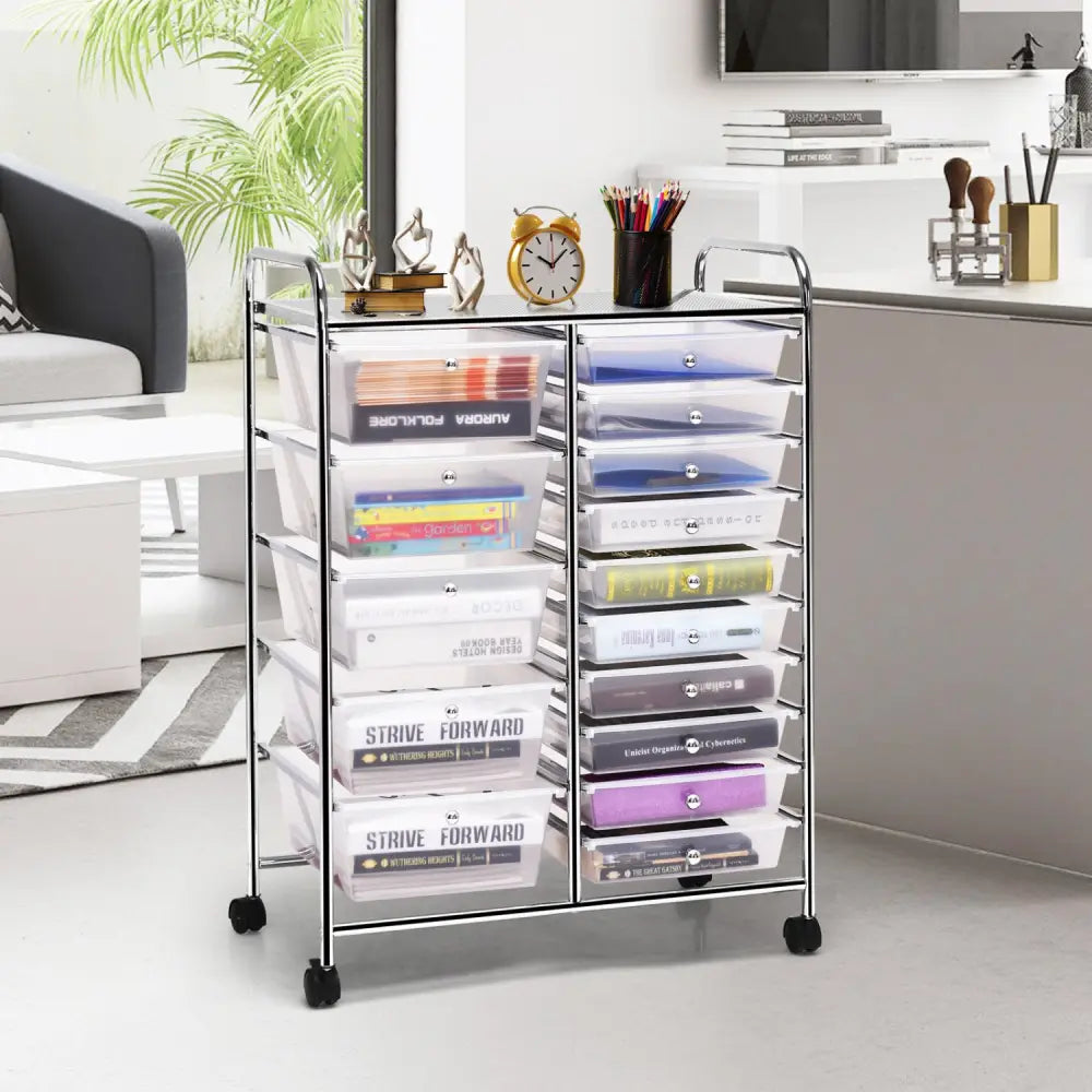 15-Drawer Utility Rolling Organizer Cart Multi-Use Storage-Clear - Transparent - File Cabinets