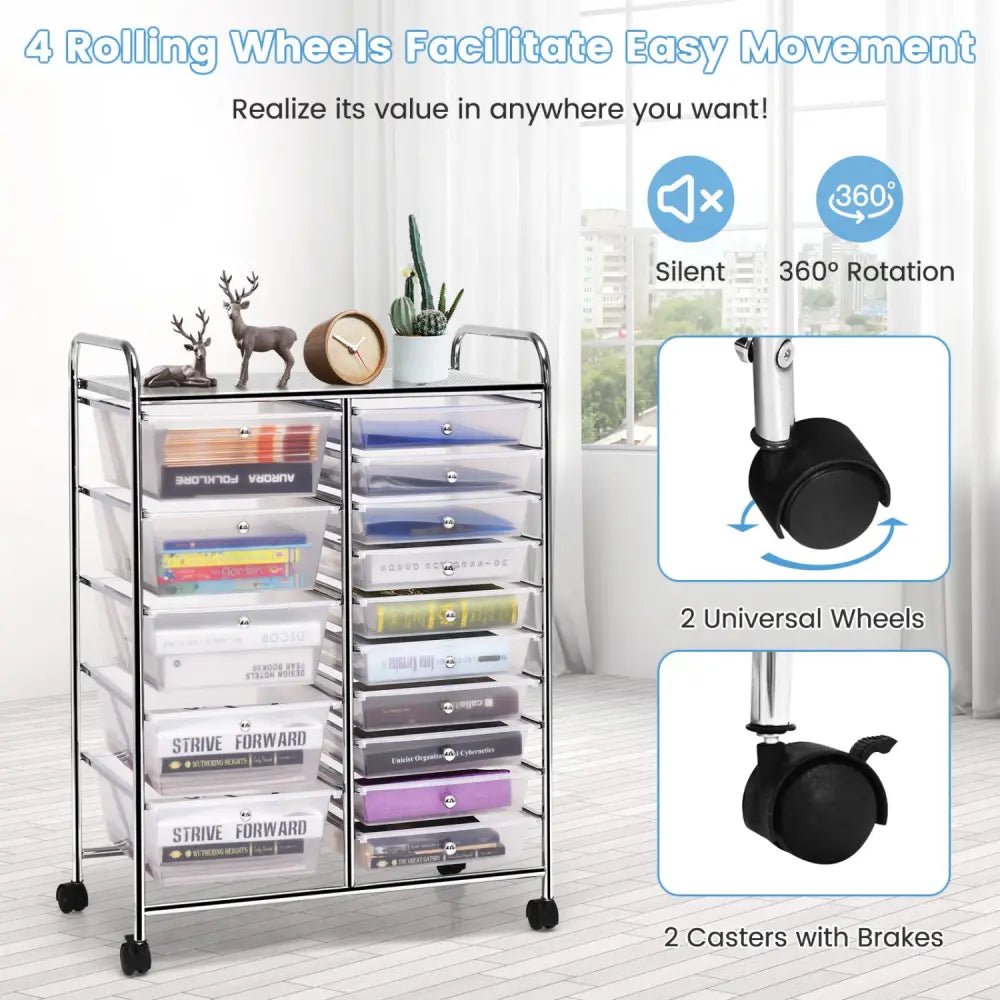 15-Drawer Utility Rolling Organizer Cart Multi-Use Storage-Clear - Transparent - File Cabinets