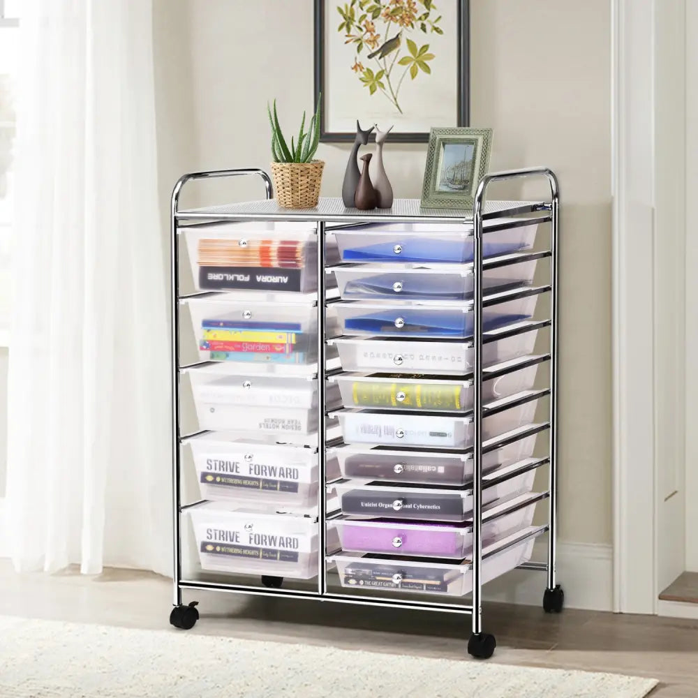 15-Drawer Utility Rolling Organizer Cart Multi-Use Storage-Clear - Transparent - File Cabinets