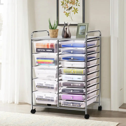 15-Drawer Utility Rolling Organizer Cart Multi-Use Storage-Clear - Transparent - File Cabinets