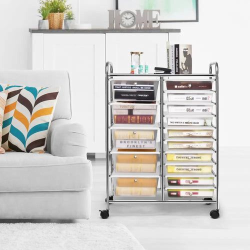 15-Drawer Utility Rolling Organizer Cart Multi-Use Storage-Clear - Transparent - File Cabinets