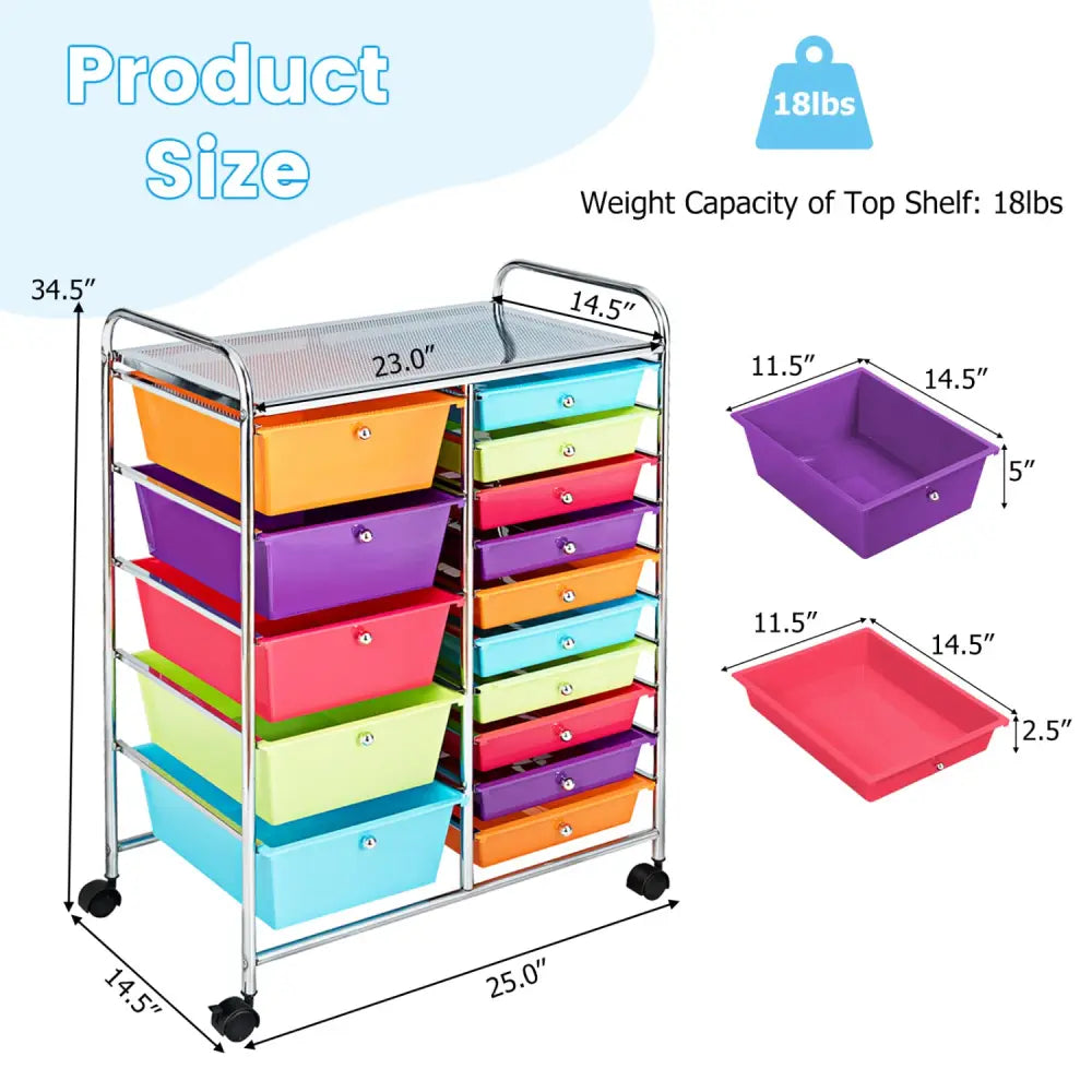 15-Drawer Utility Rolling Organizer Cart Multi-Use Storage-Multicolor - Multicolor - File Cabinets