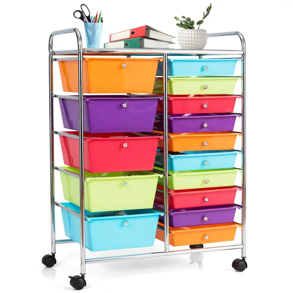 15-Drawer Utility Rolling Organizer Cart Multi-Use Storage-Multicolor - Multicolor - File Cabinets