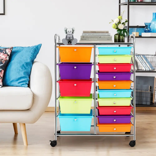 15-Drawer Utility Rolling Organizer Cart Multi-Use Storage-Multicolor - Multicolor - File Cabinets