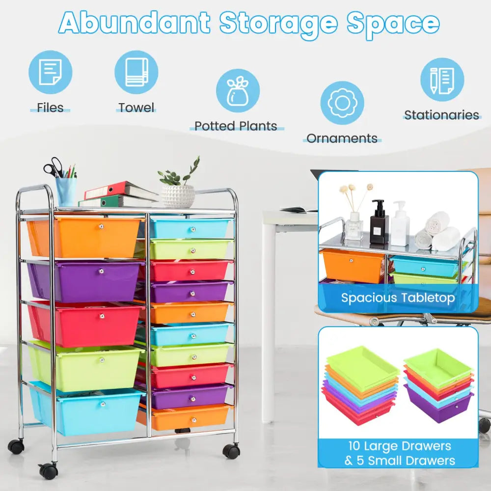 15-Drawer Utility Rolling Organizer Cart Multi-Use Storage-Multicolor - Multicolor - File Cabinets