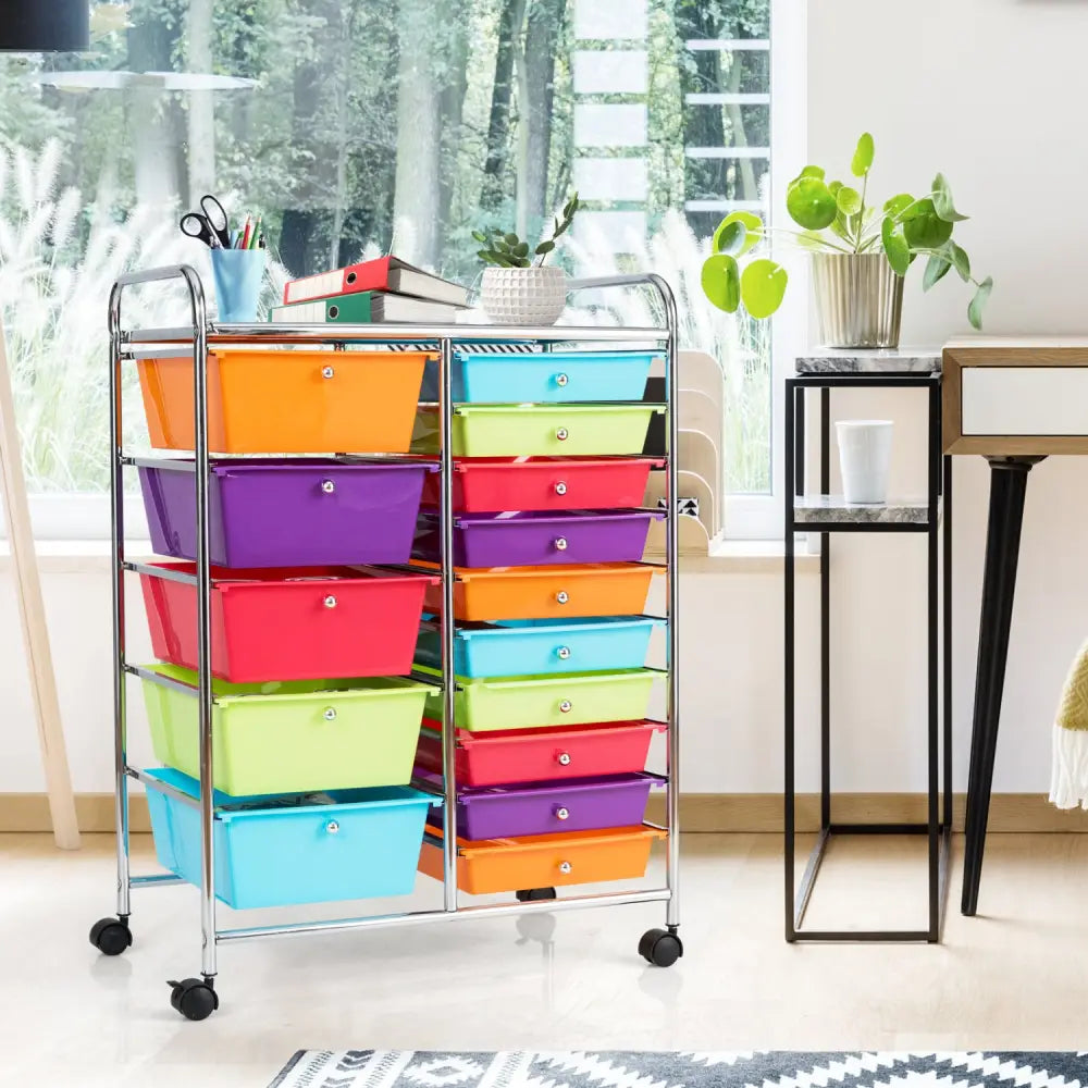 15-Drawer Utility Rolling Organizer Cart Multi-Use Storage-Multicolor - Multicolor - File Cabinets