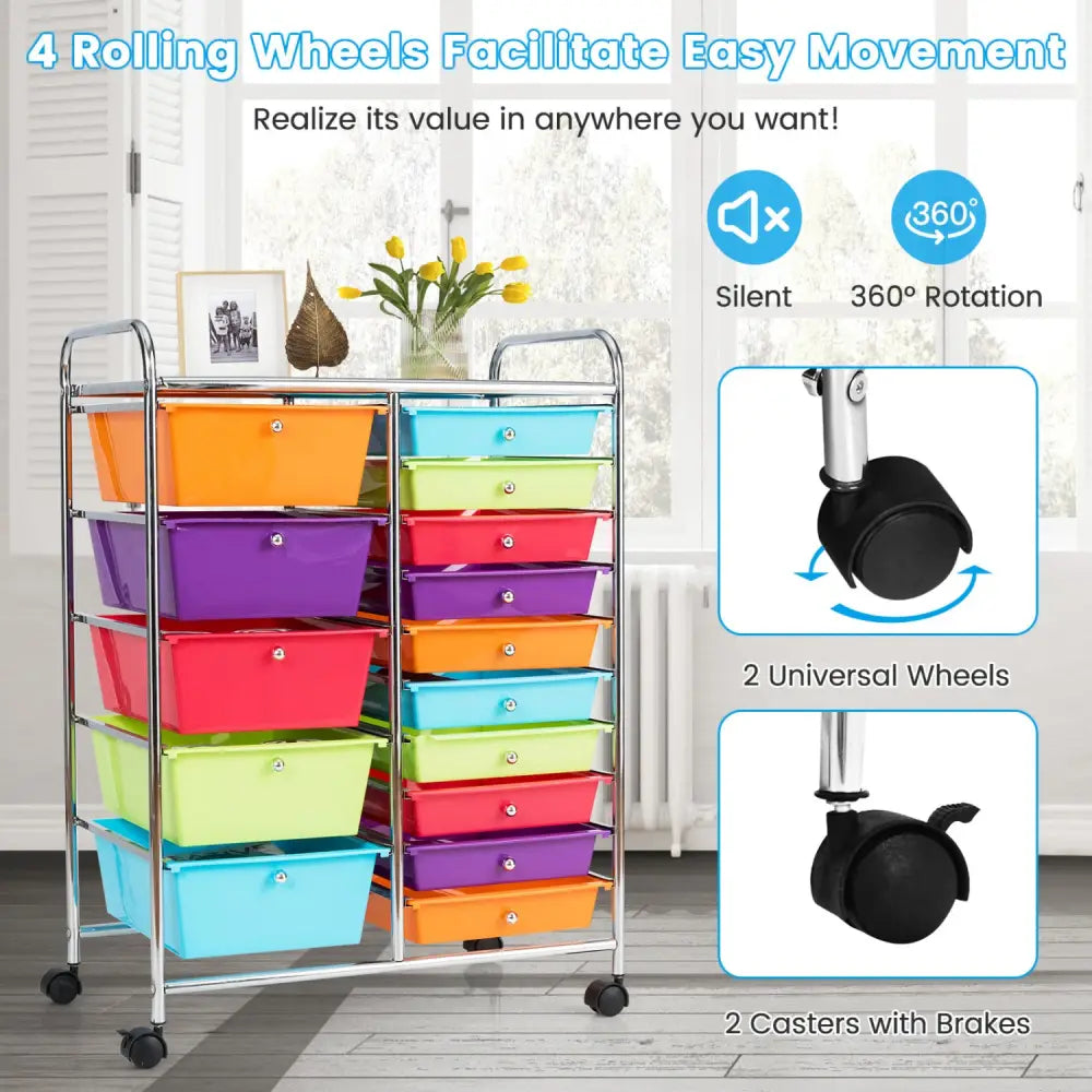 15-Drawer Utility Rolling Organizer Cart Multi-Use Storage-Multicolor - Multicolor - File Cabinets