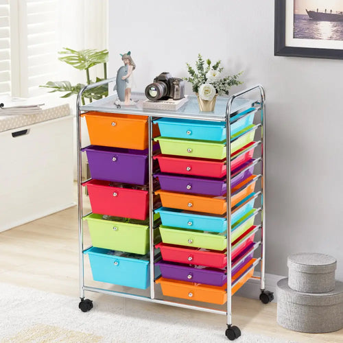 15-Drawer Utility Rolling Organizer Cart Multi-Use Storage-Multicolor - Multicolor - File Cabinets