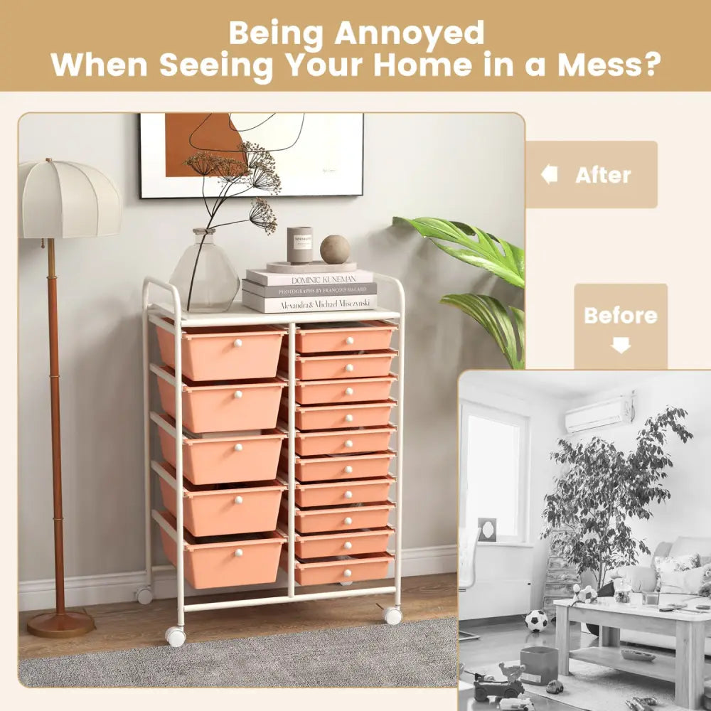 15-Drawer Utility Rolling Organizer Cart Multi-Use Storage-Peach - Peach - File Cabinets