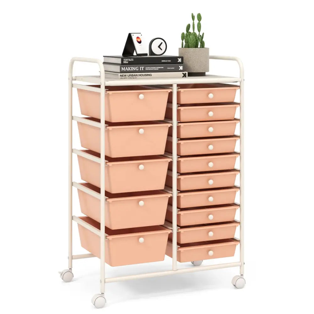 15-Drawer Utility Rolling Organizer Cart Multi-Use Storage-Peach - Peach - File Cabinets