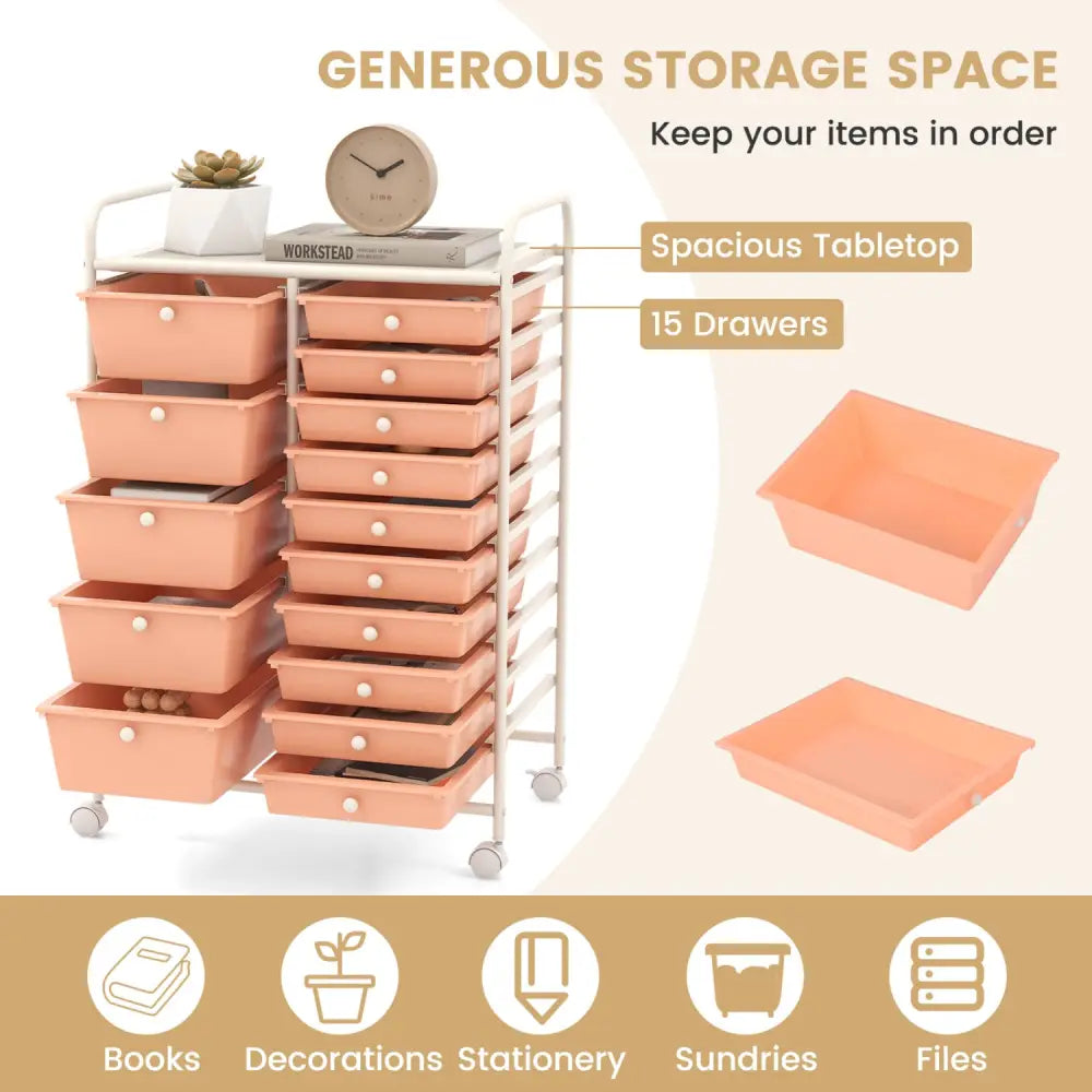 15-Drawer Utility Rolling Organizer Cart Multi-Use Storage-Peach - Peach - File Cabinets