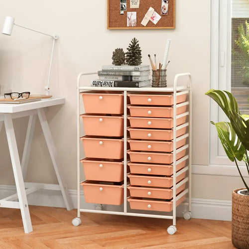15-Drawer Utility Rolling Organizer Cart Multi-Use Storage-Peach - Peach - File Cabinets