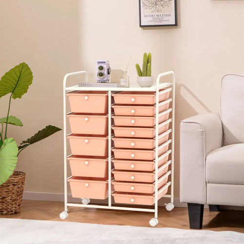 15-Drawer Utility Rolling Organizer Cart Multi-Use Storage-Peach - Peach - File Cabinets