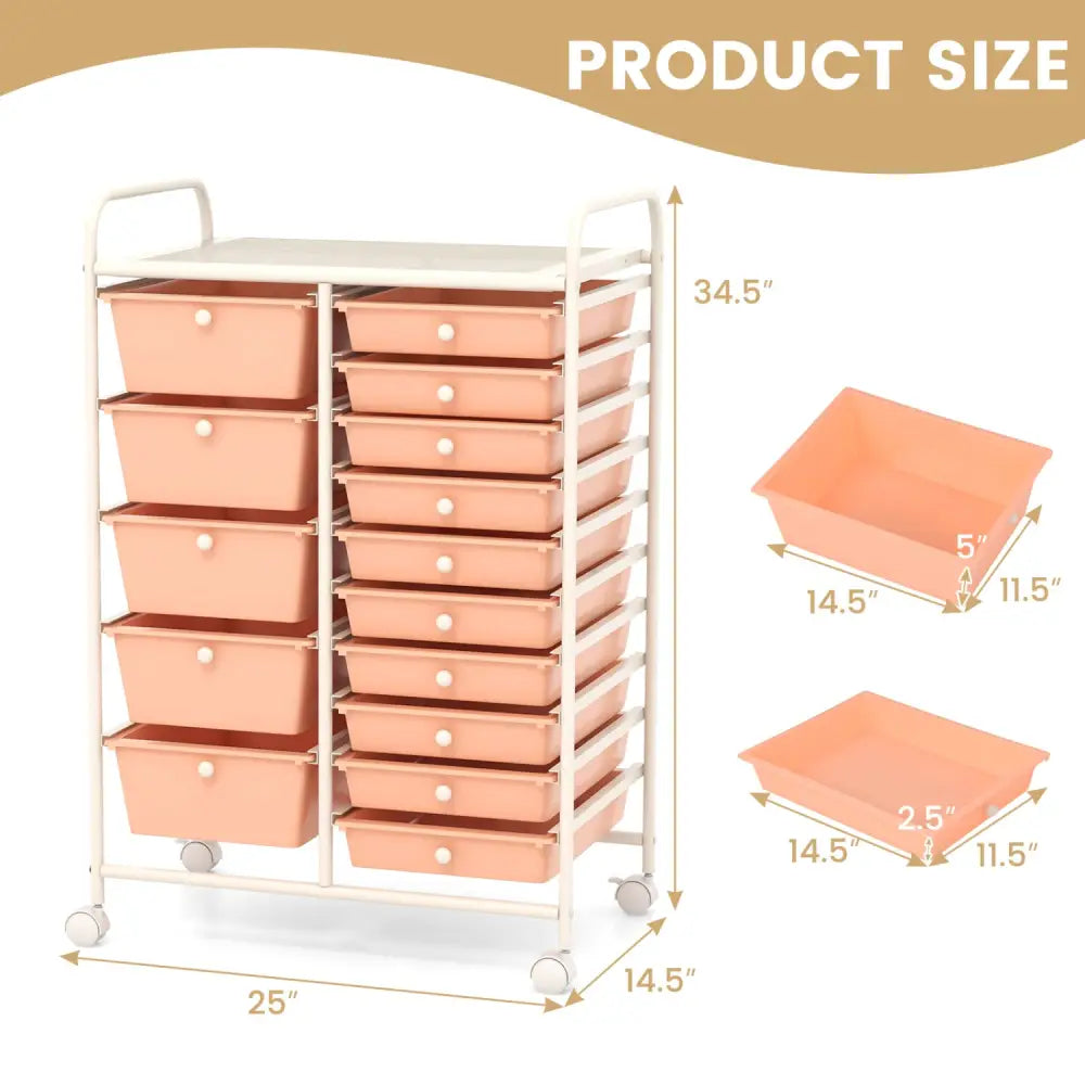 15-Drawer Utility Rolling Organizer Cart Multi-Use Storage-Peach - Peach - File Cabinets