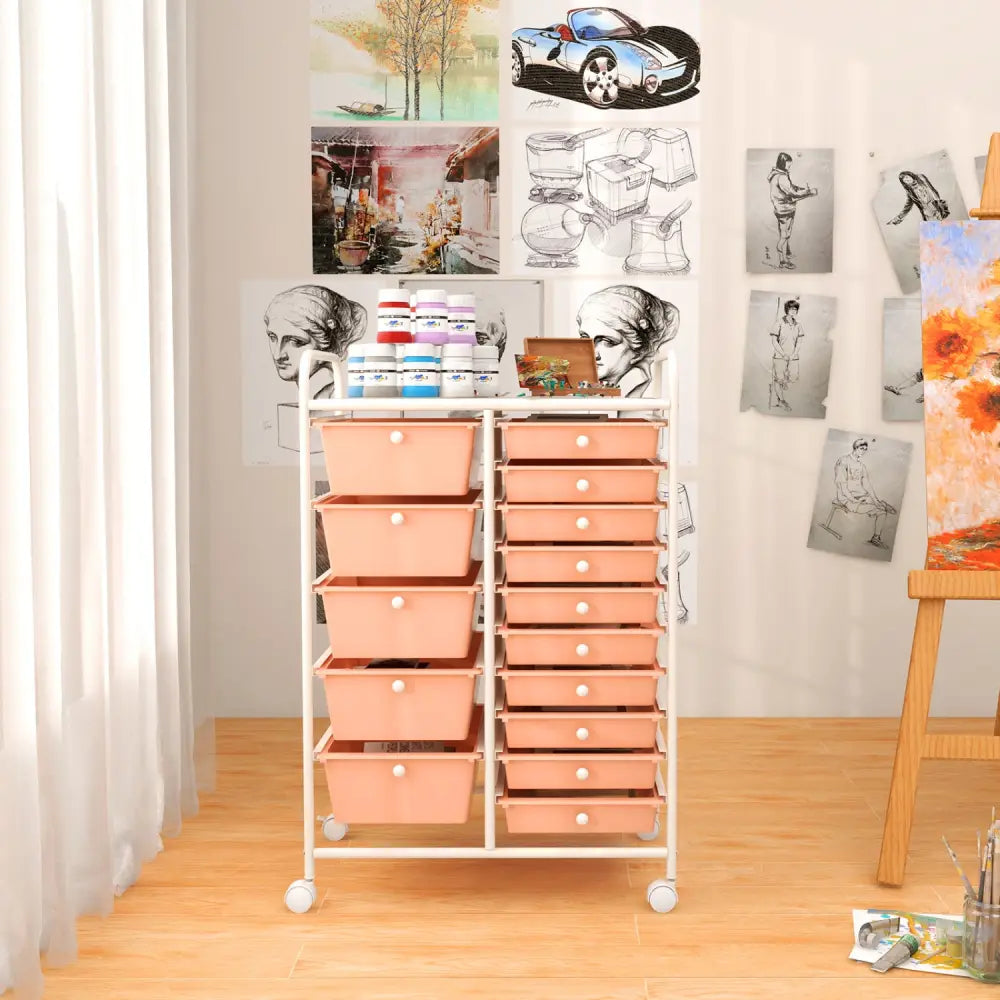 15-Drawer Utility Rolling Organizer Cart Multi-Use Storage-Peach - Peach - File Cabinets