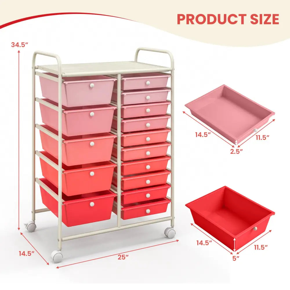 15-Drawer Utility Rolling Organizer Cart Multi-Use Storage-Pink - Gradient Pink - File Cabinets