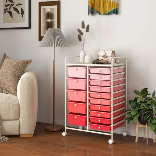 15-Drawer Utility Rolling Organizer Cart Multi-Use Storage-Pink - Gradient Pink - File Cabinets