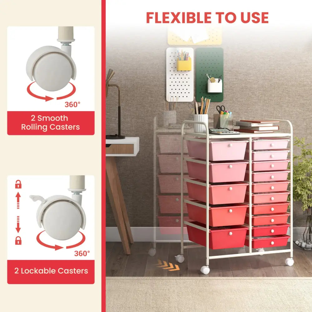 15-Drawer Utility Rolling Organizer Cart Multi-Use Storage-Pink - Gradient Pink - File Cabinets