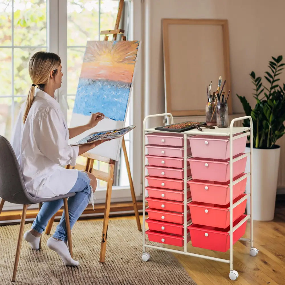 15-Drawer Utility Rolling Organizer Cart Multi-Use Storage-Pink - Gradient Pink - File Cabinets