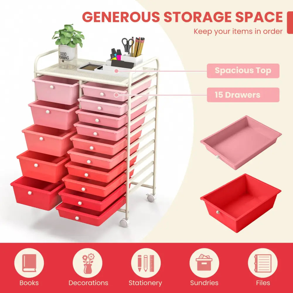 15-Drawer Utility Rolling Organizer Cart Multi-Use Storage-Pink - Gradient Pink - File Cabinets