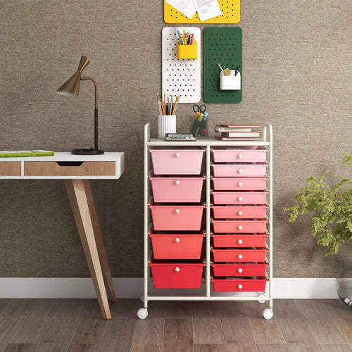 15-Drawer Utility Rolling Organizer Cart Multi-Use Storage-Pink - Gradient Pink - File Cabinets