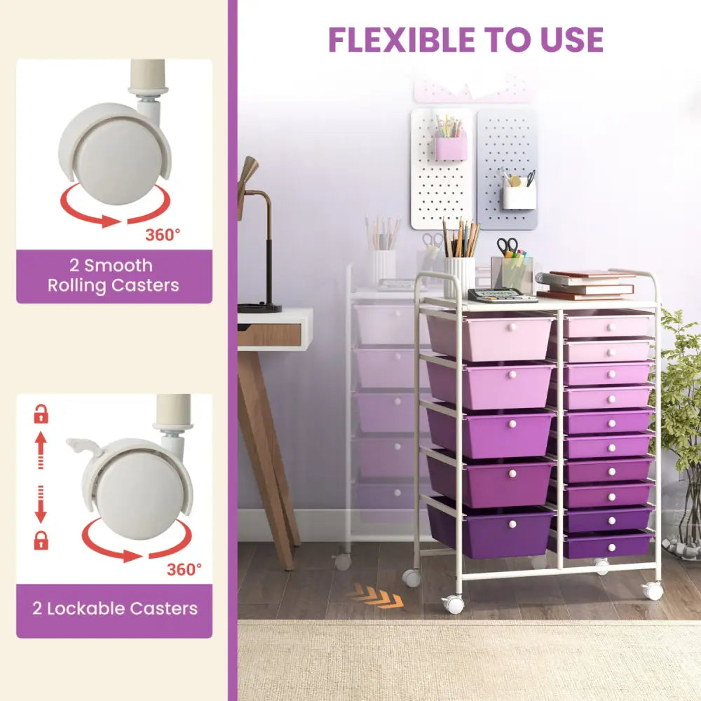 15-Drawer Utility Rolling Organizer Cart Multi-Use Storage-Purple - Purple - File Cabinets