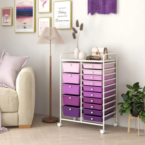 15-Drawer Utility Rolling Organizer Cart Multi-Use Storage-Purple - Purple - File Cabinets