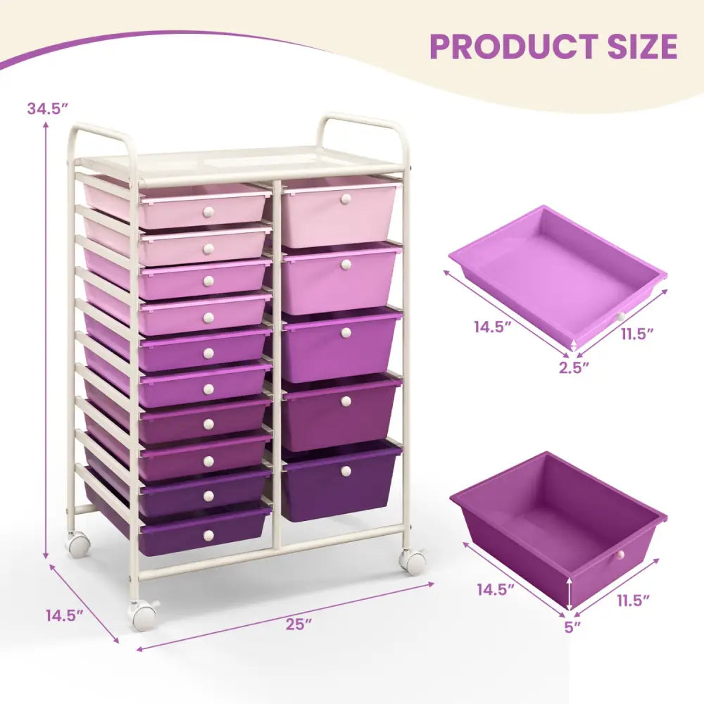 15-Drawer Utility Rolling Organizer Cart Multi-Use Storage-Purple - Purple - File Cabinets