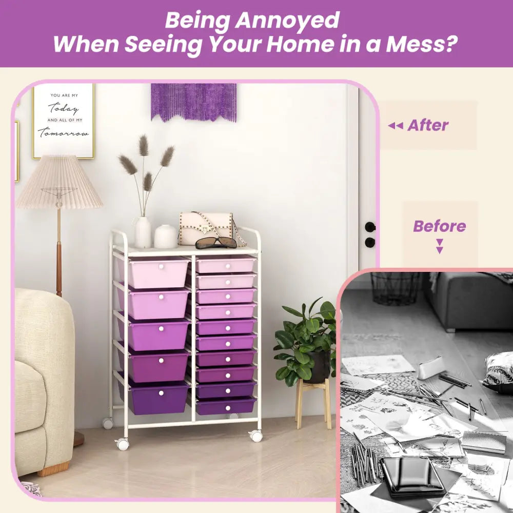 15-Drawer Utility Rolling Organizer Cart Multi-Use Storage-Purple - Purple - File Cabinets
