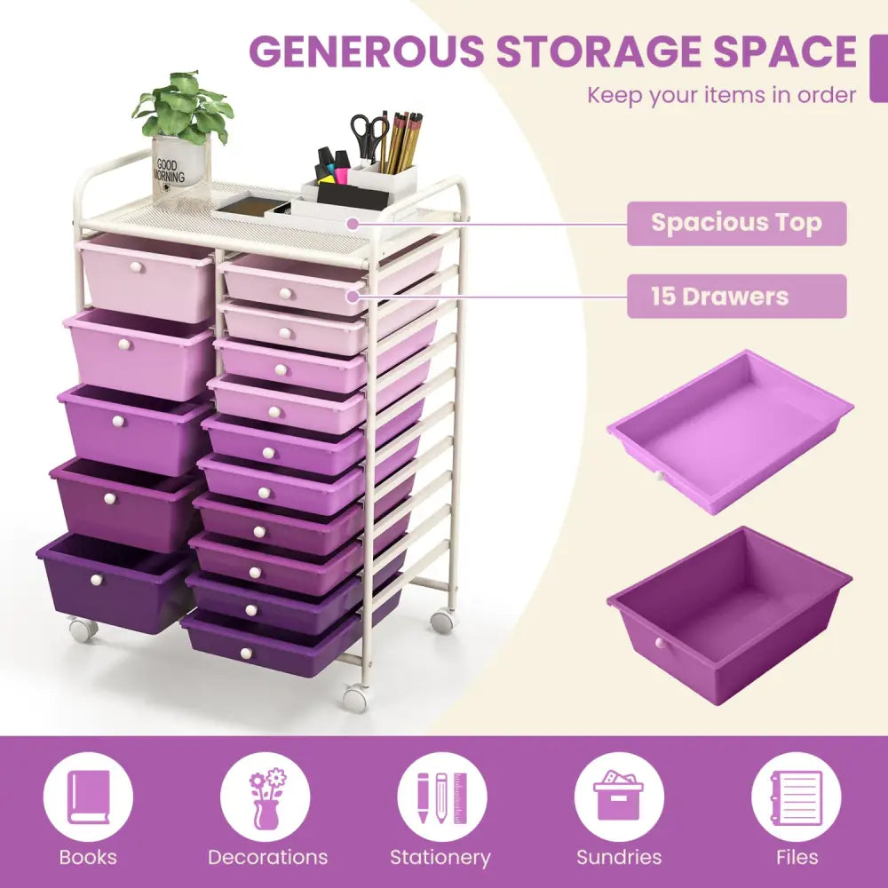 15-Drawer Utility Rolling Organizer Cart Multi-Use Storage-Purple - Purple - File Cabinets