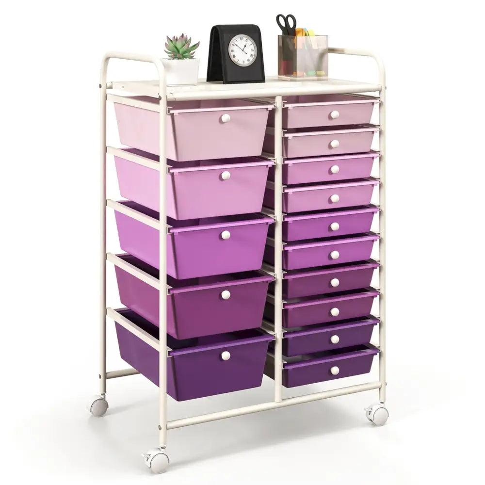 15-Drawer Utility Rolling Organizer Cart Multi-Use Storage-Purple - Purple - File Cabinets