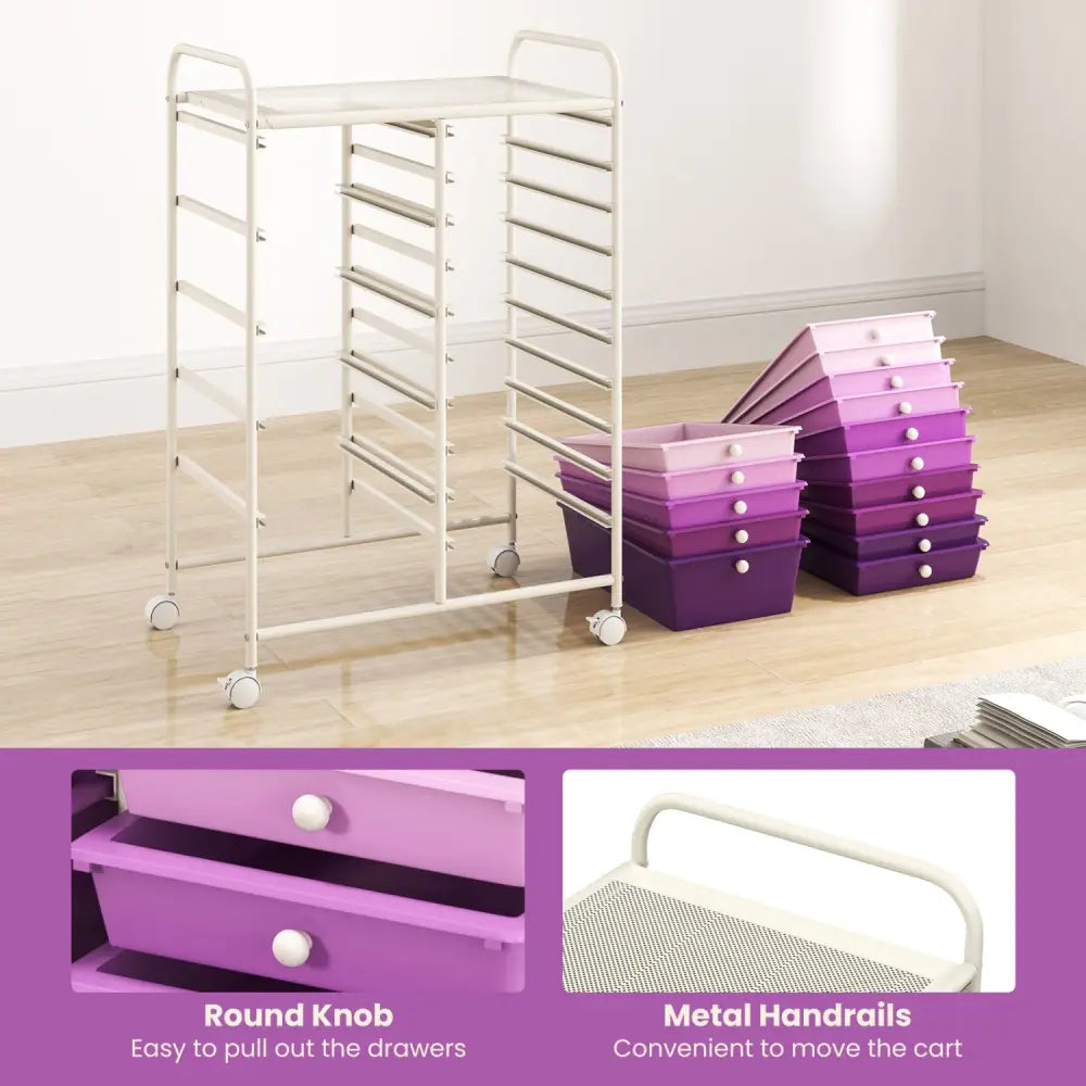 15-Drawer Utility Rolling Organizer Cart Multi-Use Storage-Purple - Purple - File Cabinets