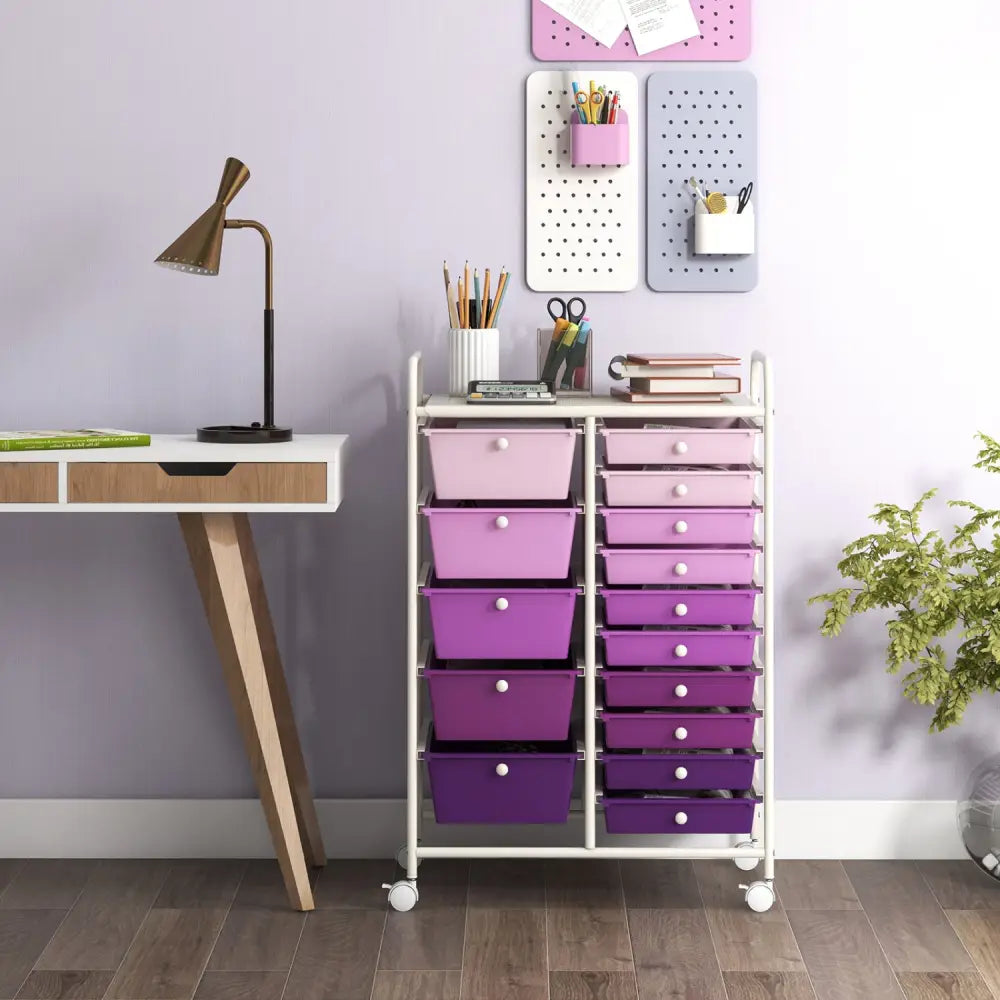 15-Drawer Utility Rolling Organizer Cart Multi-Use Storage-Purple - Purple - File Cabinets