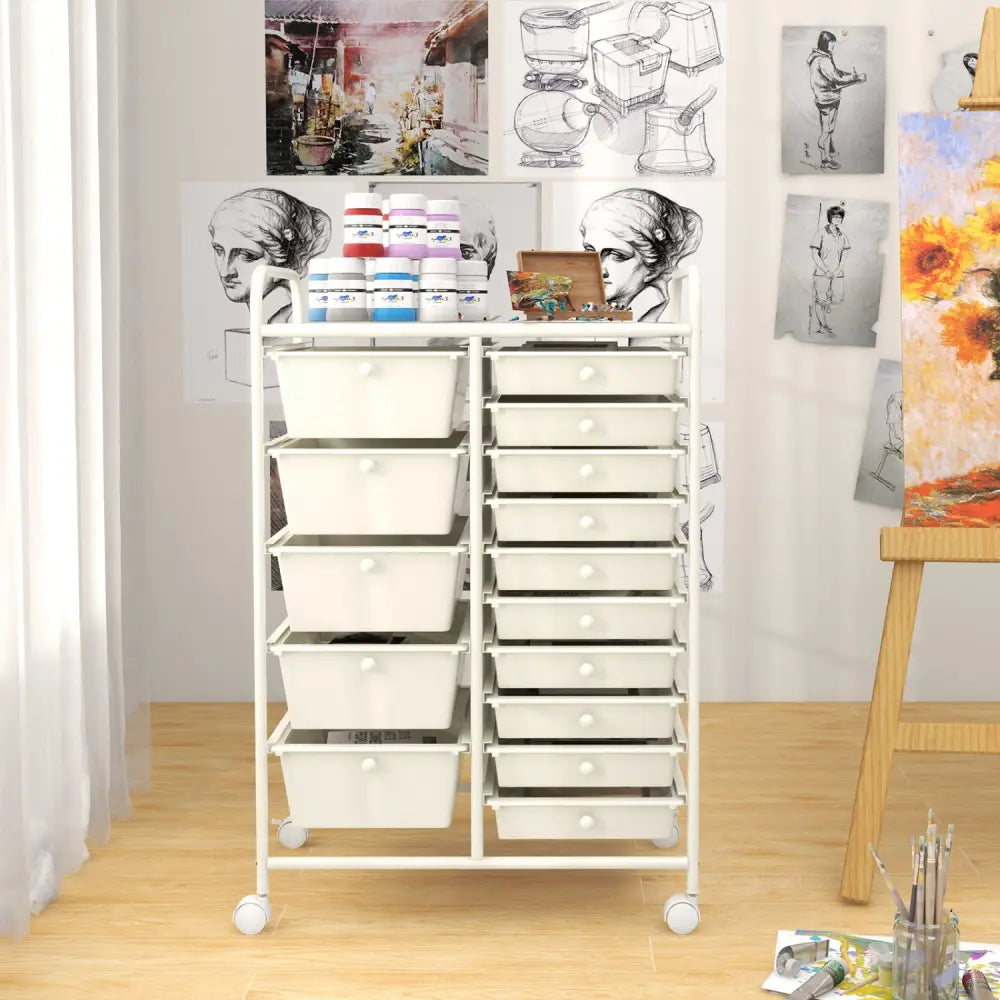 15-Drawer Utility Rolling Organizer Cart Multi-Use Storage-White - White - File Cabinets