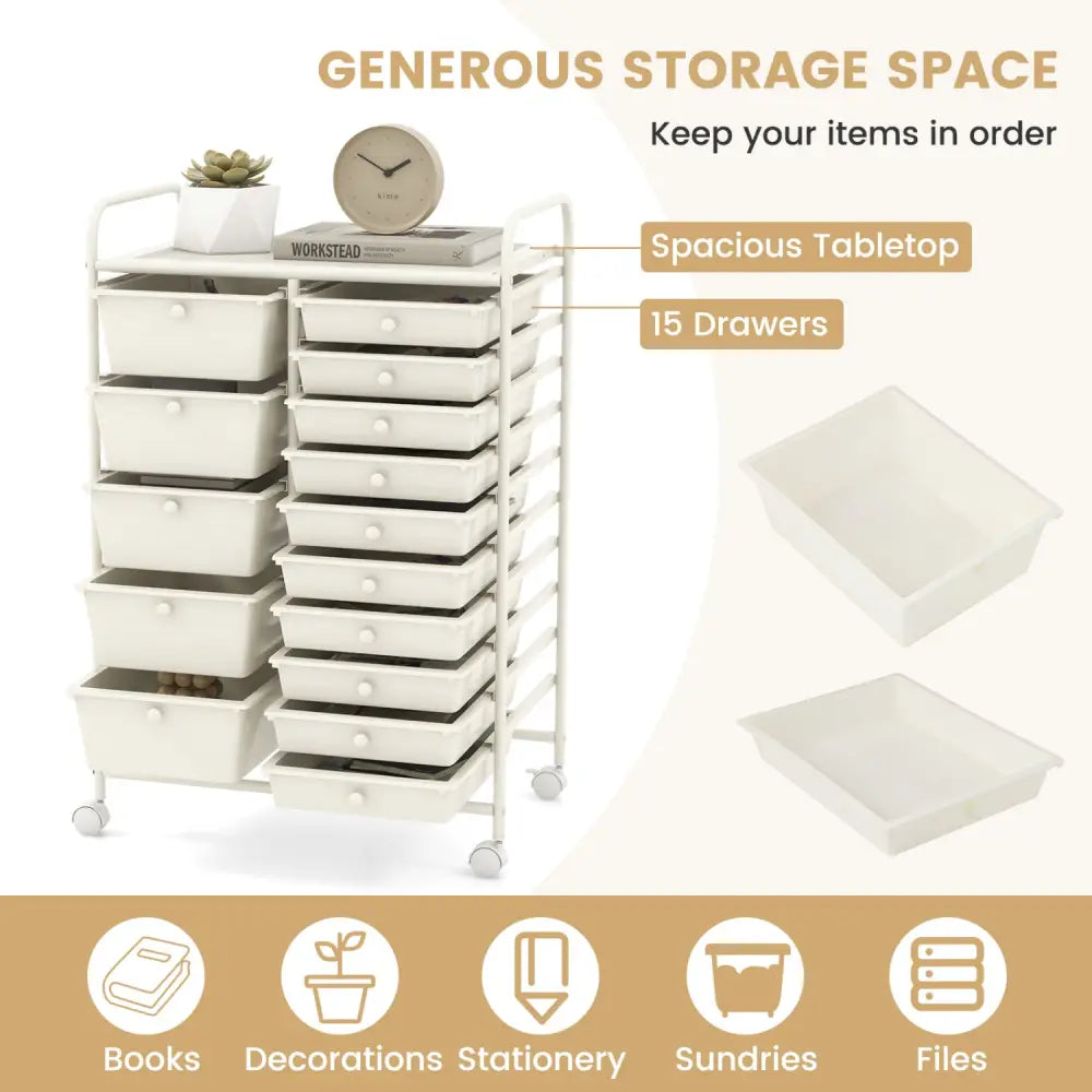 15-Drawer Utility Rolling Organizer Cart Multi-Use Storage-White - White - File Cabinets