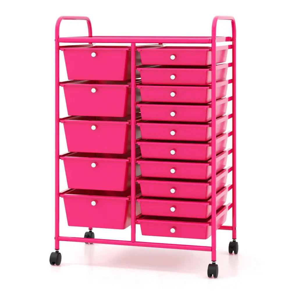 15-Drawer Utility Rolling Organizer Cart MultiUse Storage-Pink - Pink - File Cabinets