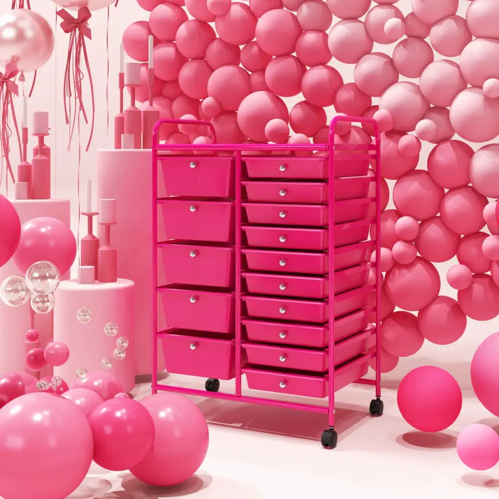 15-Drawer Utility Rolling Organizer Cart MultiUse Storage-Pink - Pink - File Cabinets