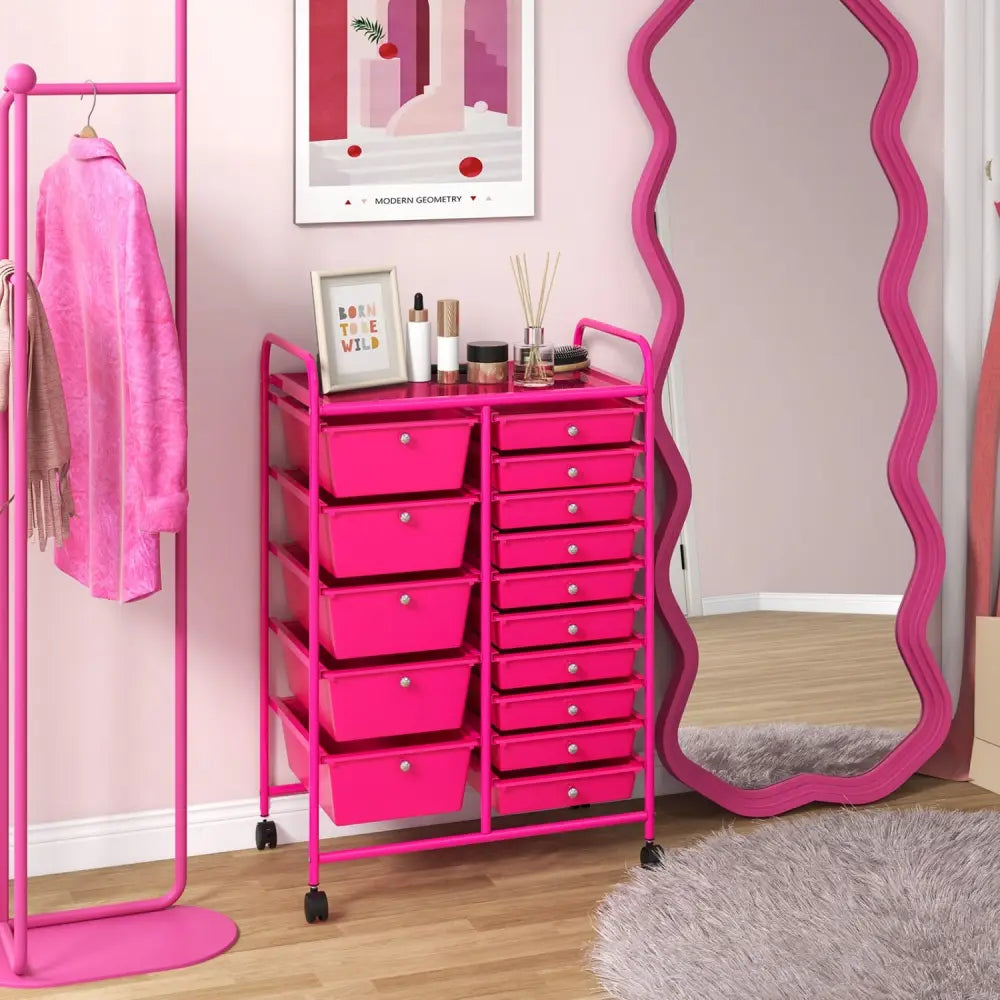 15-Drawer Utility Rolling Organizer Cart MultiUse Storage-Pink - Pink - File Cabinets