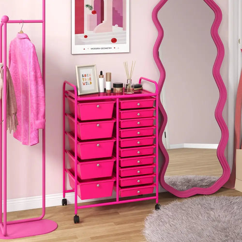 15-Drawer Utility Rolling Organizer Cart MultiUse Storage-Pink - Pink - File Cabinets